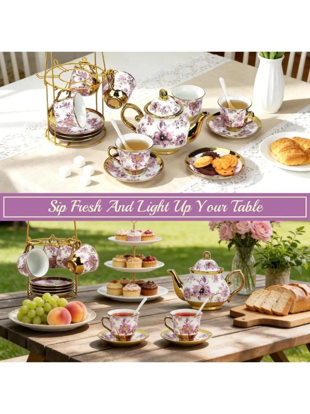 Elegant 20-Piece Porcelain Tea Set with Metal Holder for 6 - Perfect for